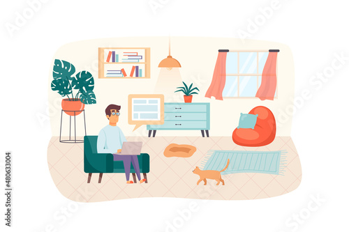 Fototapeta Naklejka Na Ścianę i Meble -  Designer working at home scene. Man typeset website or making layout for printed products. Creative profession, freelancer, remote work concept. Illustration of people characters in flat design