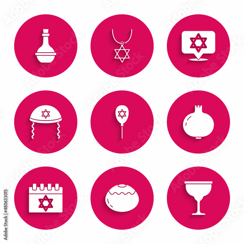 Set Balloon with star of david, Jewish sweet bakery, goblet, Pomegranate, calendar, kippah, Star David and wine bottle icon. Vector