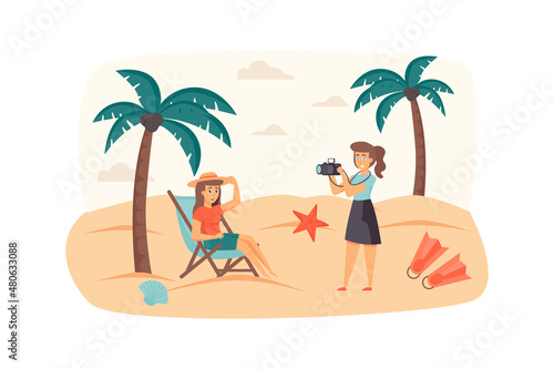 Photographer makes photo shooting with woman at tropical beach scene. Model posing for photography. Creative profession, memories concept. Illustration of people characters in flat design