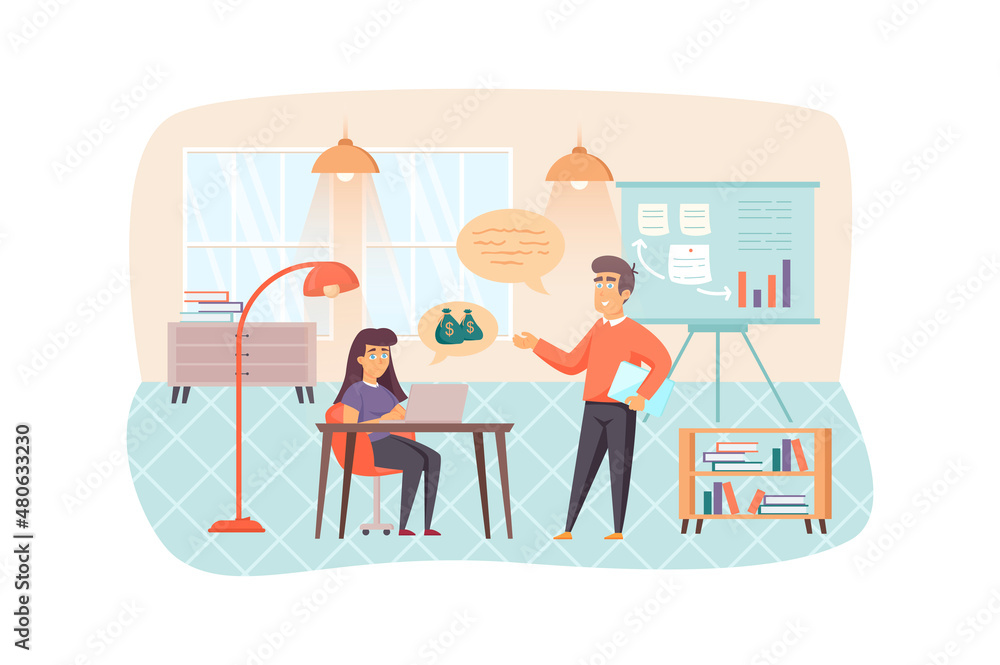 Colleagues at business training scene. Employees learn to improve company financial profit. Improve professional skills, career growth concept. Illustration of people characters in flat design Colleagues at business training scene. Employees learn to improve company financial profit. Improve professional skills, career growth concept. Illustration of people characters in flat design