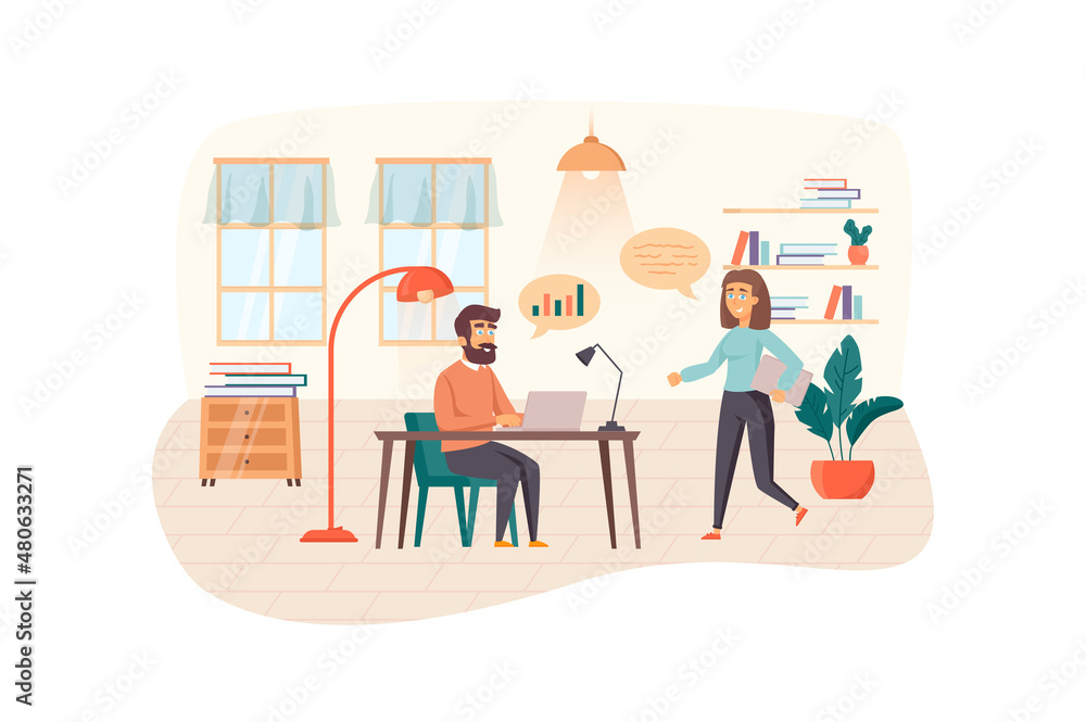 Colleagues at business training scene. Employees analyze company statistics, discuss strategy, team building. Education, career growth concept. Illustration of people characters in flat design