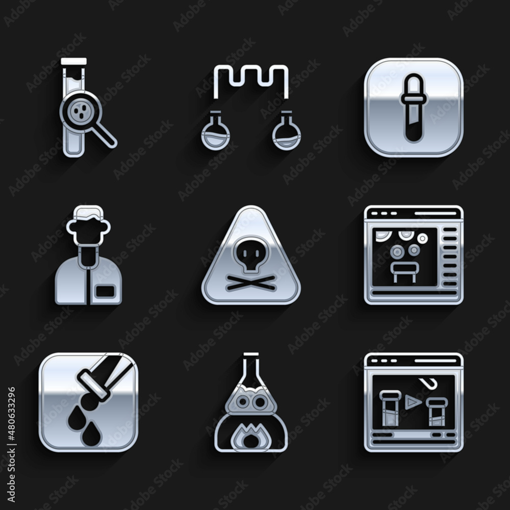 Set Triangle warning toxic, Test tube flask on fire, Chemical online, and, Laboratory assistant, Pipette and icon. Vector Set Triangle warning toxic, Test tube flask on fire, Chemical online, and, Laboratory assistant, Pipette and icon. Vector