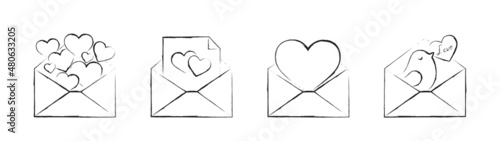 hand drawn envelope with love message set. romantic and love symbol. sketchy vector element for valentine's day design