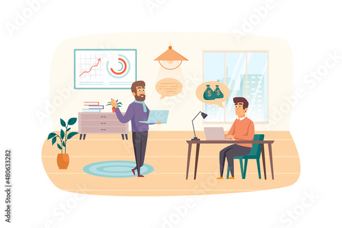 Business training scene. Employees learn to improve company financial profit  discuss strategy. Professional skills  career growth concept. Illustration of people characters in flat design