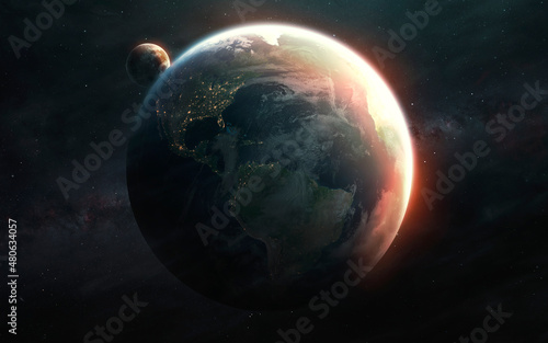 Earth and Moon in deep space. Elements of image provided by Nasa