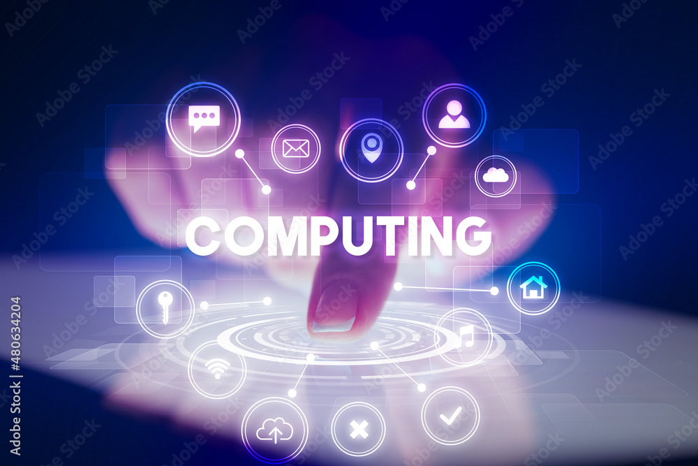 Finger touching tablet with web technology icons concept