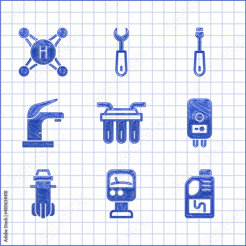 Set Water filter, Pressure water meter, Drain cleaner bottle, Electric boiler, tap, Screwdriver and icon. Vector