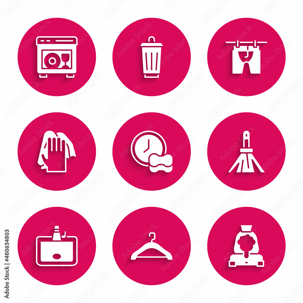 Set Washing dishes, Hanger wardrobe, Cleaning lady service, Handle broom, Washbasin, Drying clothes and Dishwasher machine icon. Vector Set Washing dishes, Hanger wardrobe, Cleaning lady service, Handle broom, Washbasin, Drying clothes and Dishwasher machine icon. Vector