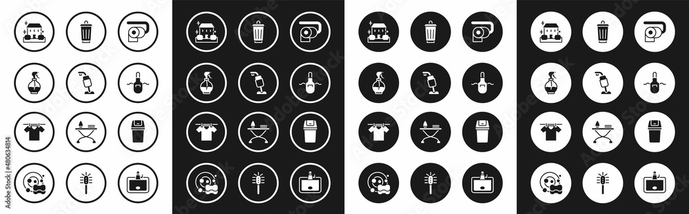Set Toilet paper roll, Vacuum cleaner, Water spray bottle, Home cleaning service, Kitchen apron, Trash can, and Drying clothes icon. Vector Set Toilet paper roll, Vacuum cleaner, Water spray bottle, Home cleaning service, Kitchen apron, Trash can, and Drying clothes icon. Vector
