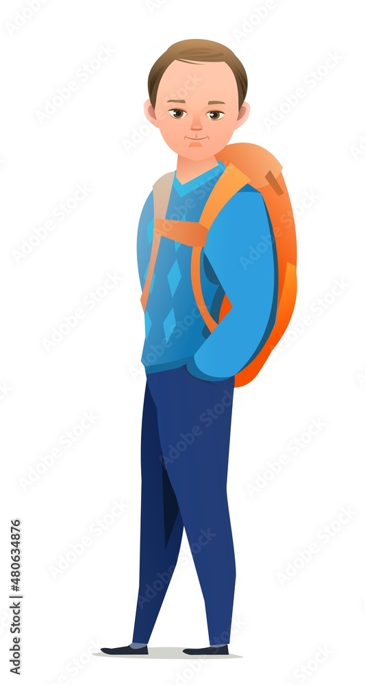 Little boy tourist backpacker. Teen with backpack on his back. Cheerful person. Standing pose. Cartoon comic style flat design. Single character. Illustration isolated on white background. Vector