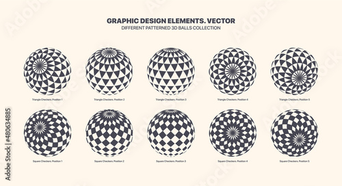 Assorted Various Vector Patterned 3D Balls In Different Positions With Checkered Triangles Pattern Set Isolated On White Background. Graphic Black White Variety 3D Spheres Design Elements Collection
