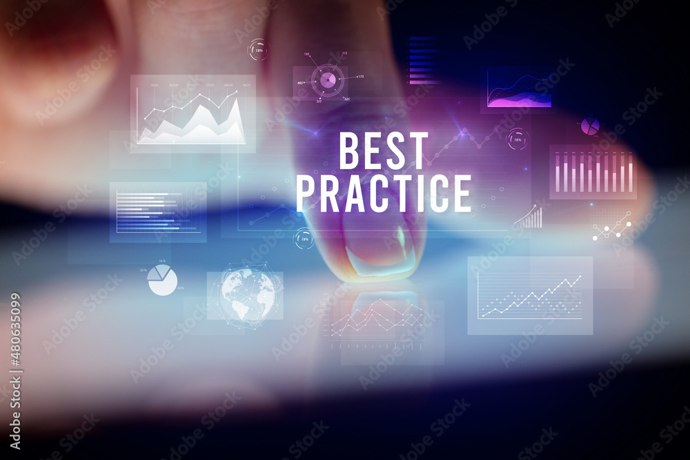 Finger touching tablet with business graphs and icons concept Finger touching tablet with business graphs and icons concept