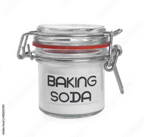 Closed jar of baking soda isolated on white