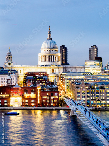 Photography UK, England, London, St Pauls Millenium Bridge skyline dusk