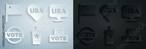 Set Paper glass with straw, USA Independence day, Vote, box, and American flag icon. Vector