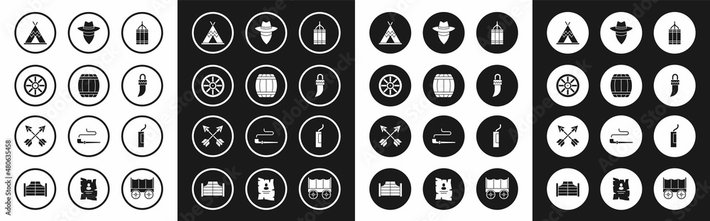 Set Dynamite bomb, Gun powder barrel, Old wooden wheel, Indian teepee or wigwam, Tooth, Cowboy, and Crossed arrows icon. Vector Set Dynamite bomb, Gun powder barrel, Old wooden wheel, Indian teepee or wigwam, Tooth, Cowboy, and Crossed arrows icon. Vector