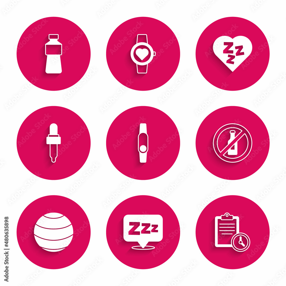 Set Smartwatch, Sleepy, Sport training program, No alcohol, Fitness ball, Pipette with oil, and Bottle of water icon. Vector Set Smartwatch, Sleepy, Sport training program, No alcohol, Fitness ball, Pipette with oil, and Bottle of water icon. Vector