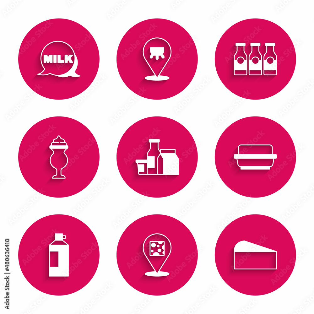 Set Milk product, Cheese, Butter in a butter dish, Whipped cream bottle, Milkshake, Bottle with milk and Lettering icon. Vector Set Milk product, Cheese, Butter in a butter dish, Whipped cream bottle, Milkshake, Bottle with milk and Lettering icon. Vector
