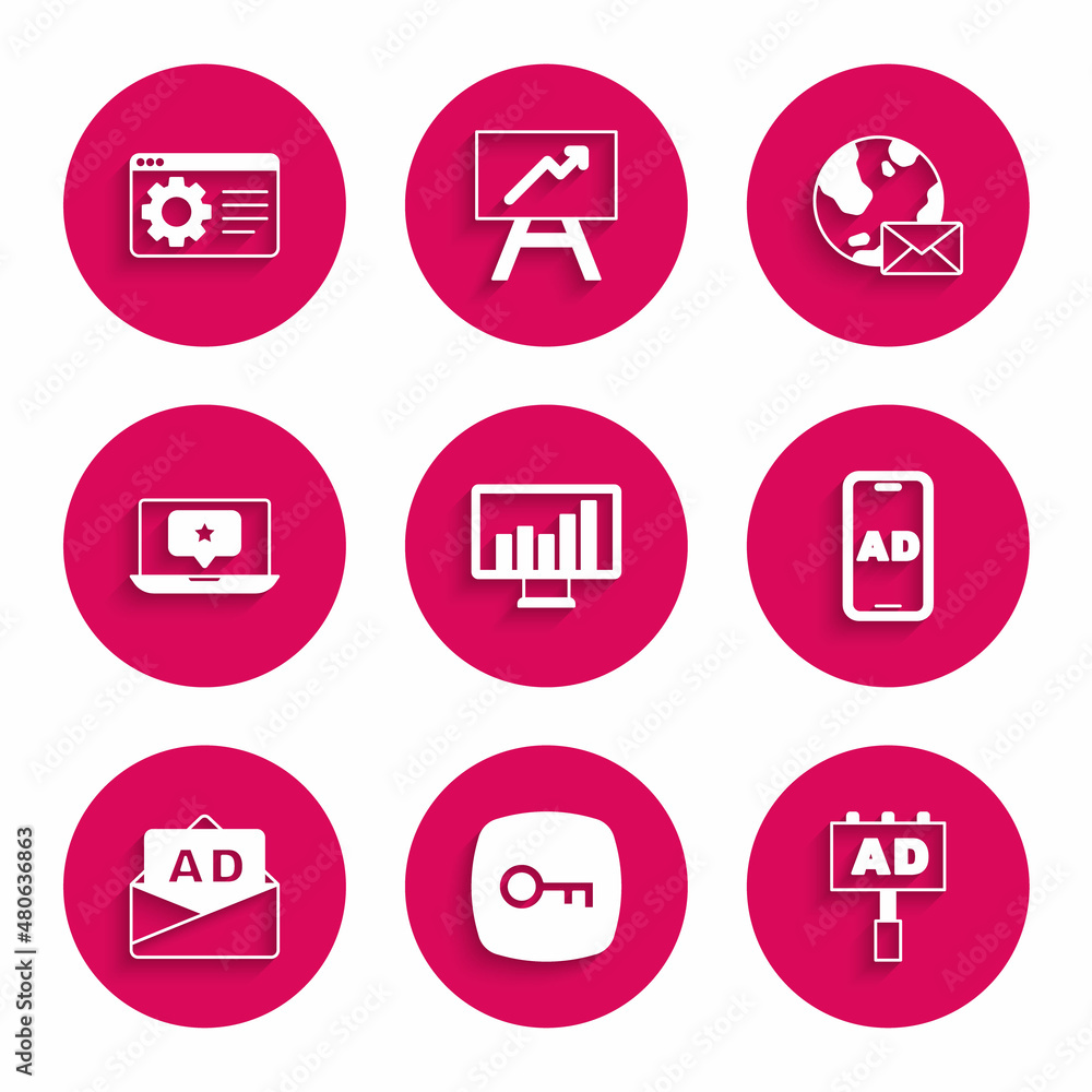 Set Monitor with graph chart, Key, Advertising, Laptop star, Earth globe mail and Browser setting icon. Vector Set Monitor with graph chart, Key, Advertising, Laptop star, Earth globe mail and Browser setting icon. Vector