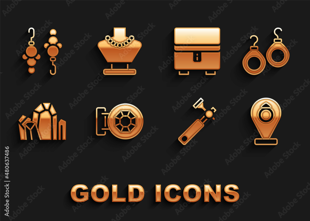 Set Jewelry store, Earrings, Jewelers lupe, Gem stone, box, and Necklace mannequin icon. Vector Set Jewelry store, Earrings, Jewelers lupe, Gem stone, box, and Necklace mannequin icon. Vector