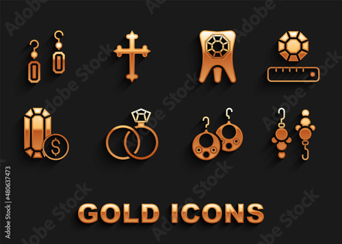 Set Wedding rings, Gem stone, Earrings, Jewelry online shopping, Tooth with diamond, and Christian cross icon. Vector