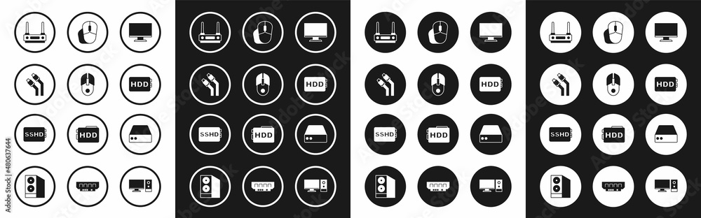 Set Computer monitor screen, mouse, LAN cable network internet, Router and wi-fi signal, Hard disk drive HDD, Server, Data, Web Hosting and SSHD card icon. Vector