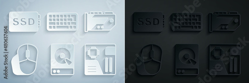 Set Hard disk drive HDD, Video graphic card, Computer mouse, Motherboard digital chip, Keyboard and SSD icon. Vector