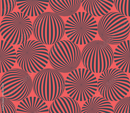 Striped Balls In Different Positions Seamless Pattern Psychedelic Art Red Black Abstract Vector Background. Freaky Acid Trip Crazy Repetitive Wallpaper. Spheres Linear Patterns Bizarre Illustration
