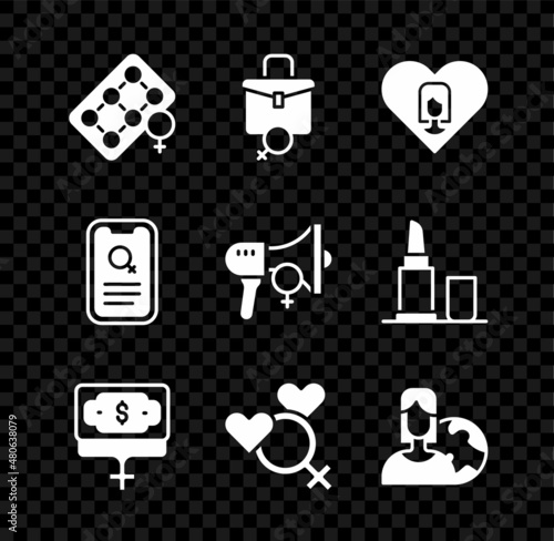Set Packaging of birth control pills, Work for female, Heart with, Money growth woman, Female gender, Women from different countries, Dating app and Feminist activist icon. Vector