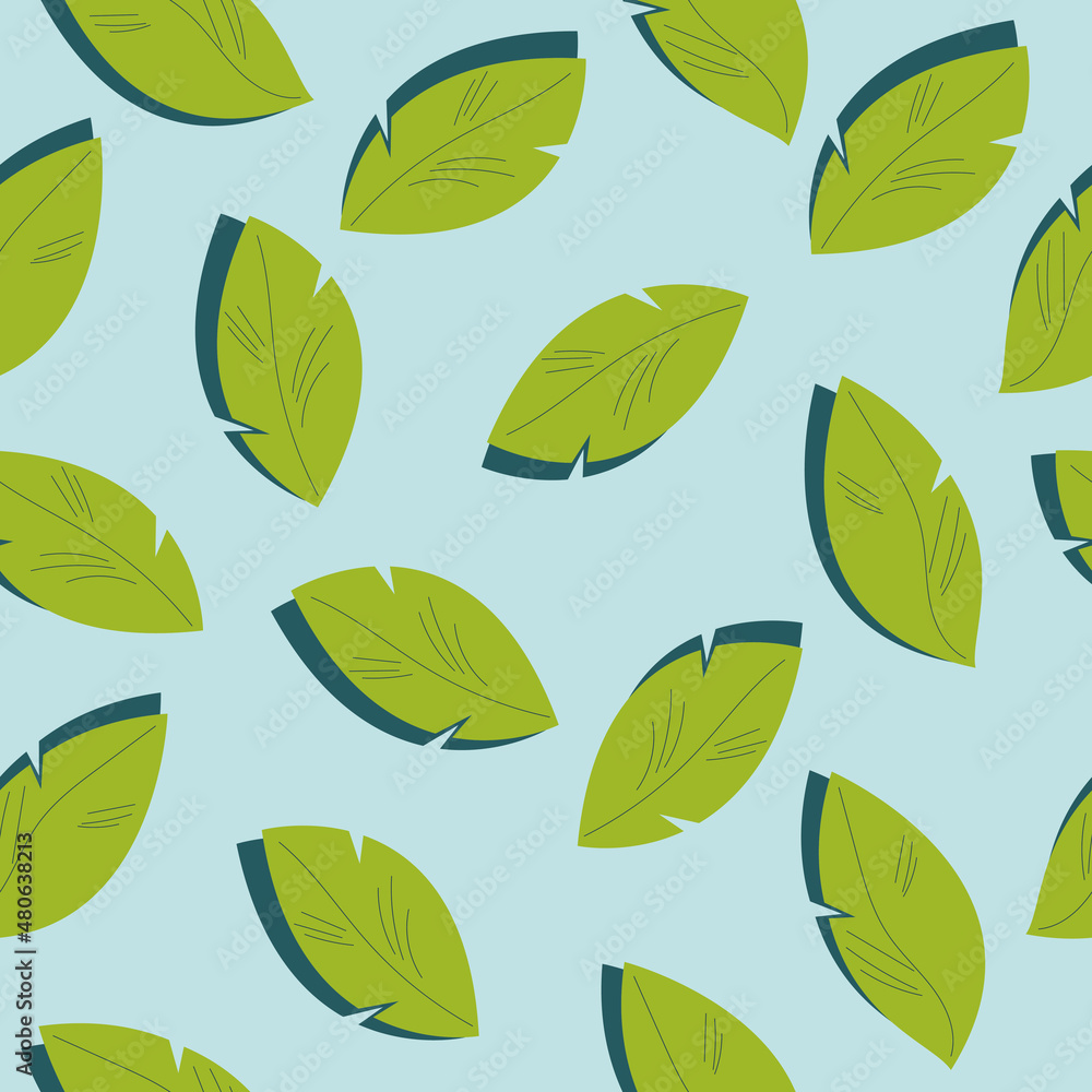 Pattern with green leaves on blue background Pattern with green leaves on blue background