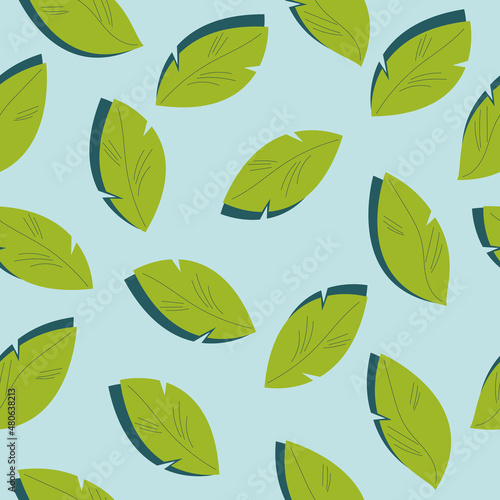 Pattern with green leaves on blue background