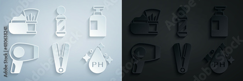 Set Curling iron for hair, Bottle of shampoo, Hair dryer, Oil care treatment, Classic Barber shop pole and Shaving brush with foam icon. Vector