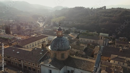 High top view old Italy town on Umbria. Flying above village, churches and a Castle.