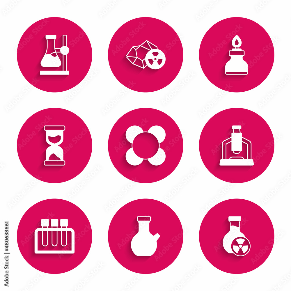 Set Molecule, Test tube, with toxic liquid, Microscope, Old hourglass, Alcohol or spirit burner and flask on stand icon. Vector Set Molecule, Test tube, with toxic liquid, Microscope, Old hourglass, Alcohol or spirit burner and flask on stand icon. Vector