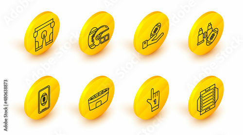Set line American football field, Number 1 one fan hand glove with finger raised, Football stadium, Smartphone american the screen, Binoculars, helmet and shorts icon. Vector