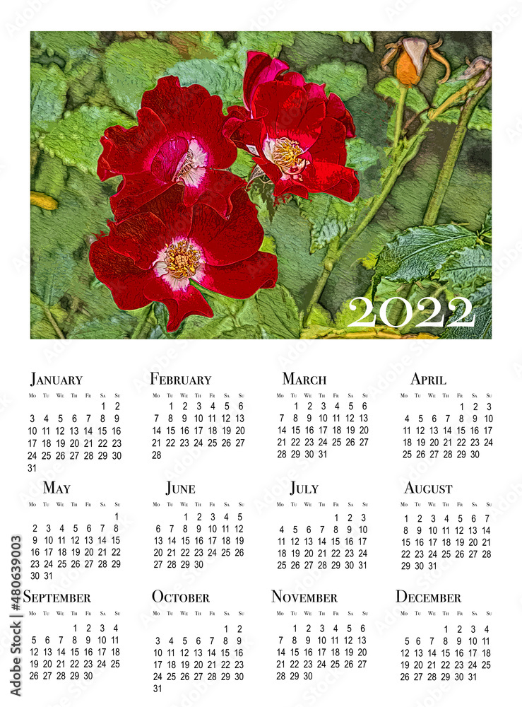 Botanical calendar for 2025. Vertical wall calendar for 2025, week