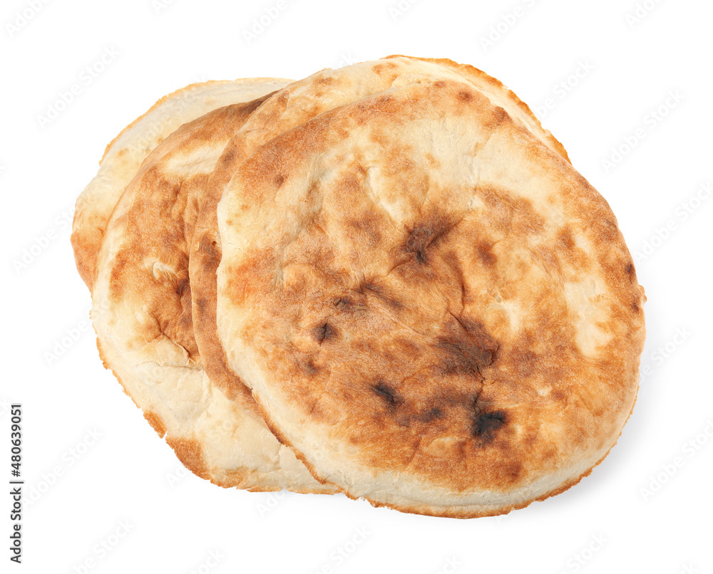 Loaves of delicious fresh pita bread on white background, top view Loaves of delicious fresh pita bread on white background, top view