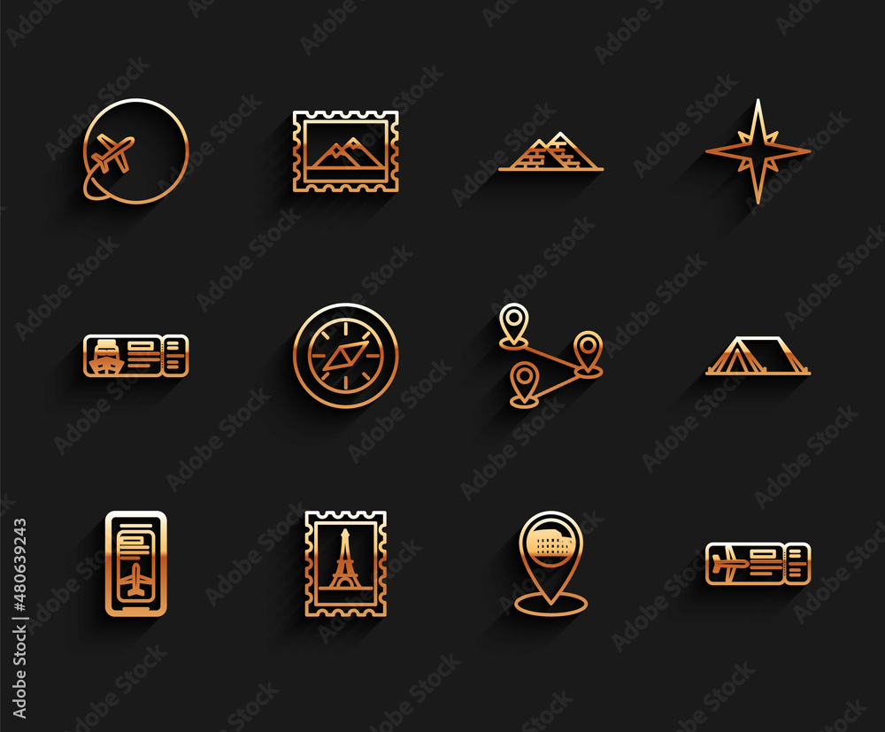 Set line Smartphone with electronic boarding pass airline ticket, Globe flying plane, Map pointer Coliseum Rome, Italy, Airline, Compass, Tourist tent and Route location icon. Vector