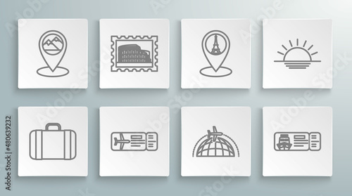 Set line Suitcase for travel, Postal stamp and Coliseum, Airline ticket, Globe with flying plane, Cruise traveling by ship, Map pointer Eiffel tower, Sunset and mountain icon. Vector
