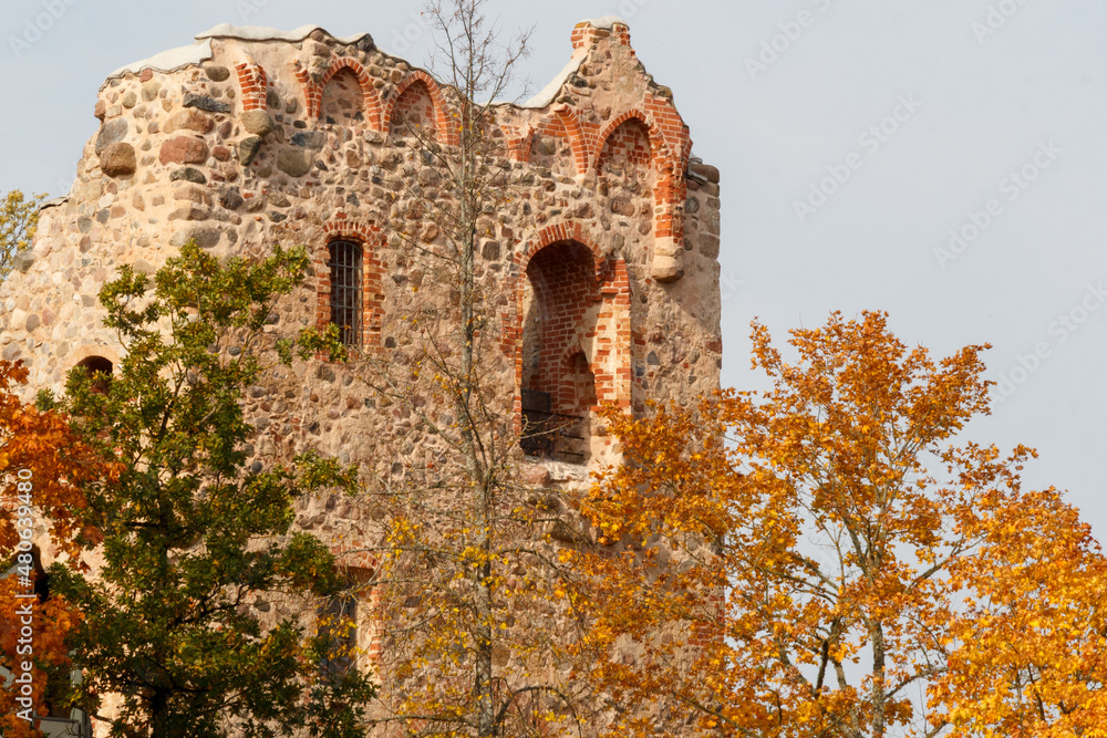 The castle walls in the autumn leaves
