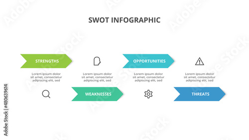 SWOT diagram with 4 steps, options, parts or processes. Threats, weaknesses, strengths, opportunities of the company.