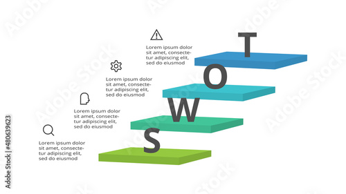 SWOT diagram with 4 steps, options, parts or processes. Threats, weaknesses, strengths, opportunities of the company.