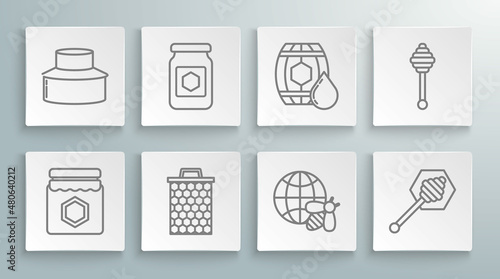 Set line Jar of honey, Honeycomb, map the world and bee, dipper stick, Wooden barrel with, and Beekeeper protect hat icon. Vector