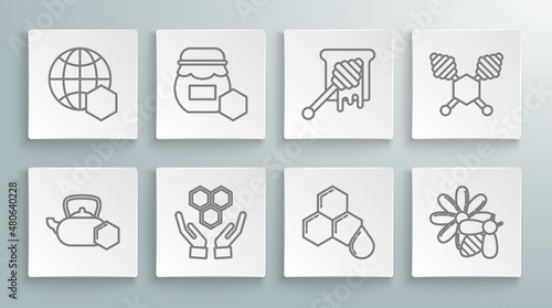 Set line Tea kettle with honey, Jar of, Honeycomb and hands, Bee flower, dipper stick dripping, and map the world icon. Vector