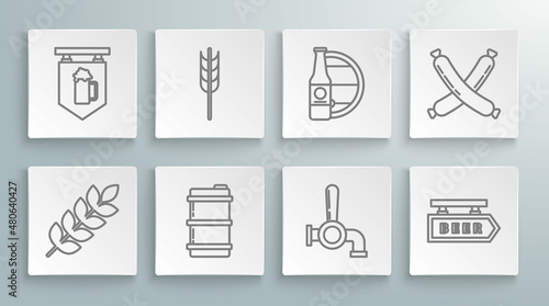 Set line Cereals set with rice, wheat, corn, oats, rye, barley, Metal beer keg, Beer tap, Street signboard inscription, bottle and wooden barrel, Crossed sausage and glass of icon. Vector