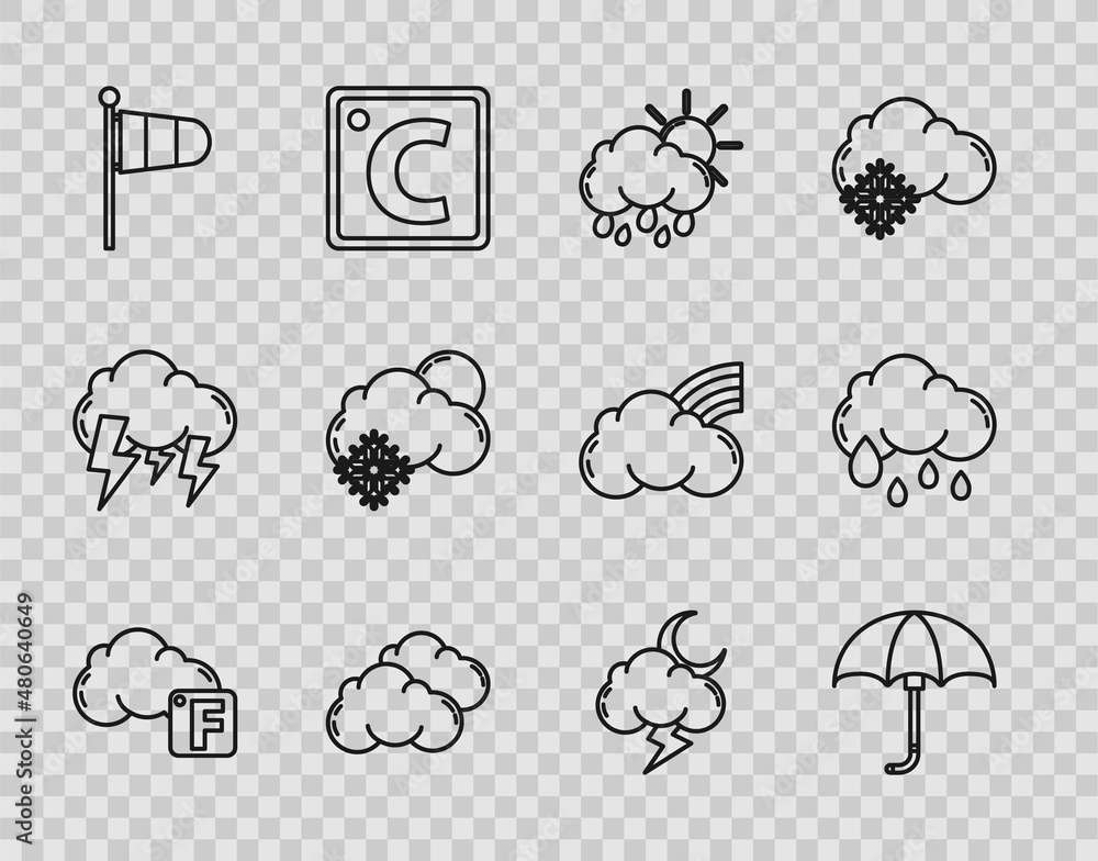 Obraz premium Set line Fahrenheit and cloud, Classic elegant opened umbrella, Cloud with rain sun, Cone meteorology windsock wind vane, snow, Storm and icon. Vector