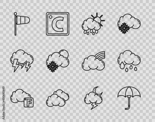 Set line Fahrenheit and cloud, Classic elegant opened umbrella, Cloud with rain sun, Cone meteorology windsock wind vane, snow, Storm and icon. Vector