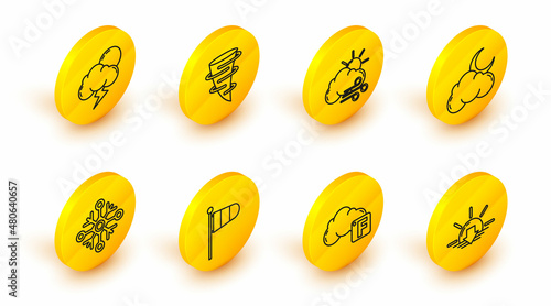 Set line Sunset, Fahrenheit and cloud, Cone meteorology windsock wind vane, Snowflake, Cloud with moon stars, Windy weather, Tornado and Storm icon. Vector