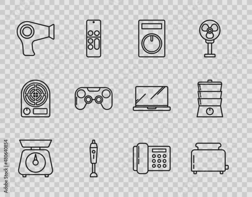 Set line Scales, Toaster with toasts, Remote control, Blender, Hair dryer, Gamepad, Telephone and Double boiler icon. Vector
