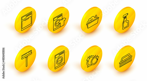 Set line Brush for cleaning, Washing dishes, Washer, Squeegee, scraper, wiper, Cleaning spray bottle with detergent liquid, Plastic basin soap suds, and t-shirt and icon. Vector